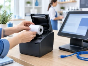 Geöffneter Bondrucker mit neuer Papierrolle neben einer Touchkasse bei der Fehlersuche