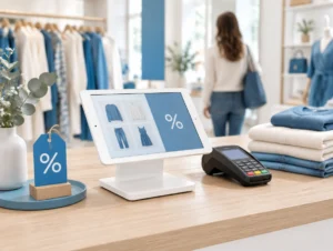 Tablet-Kasse in einer Boutique mit blauem Preisschild als Symbol für eine Rabattaktion