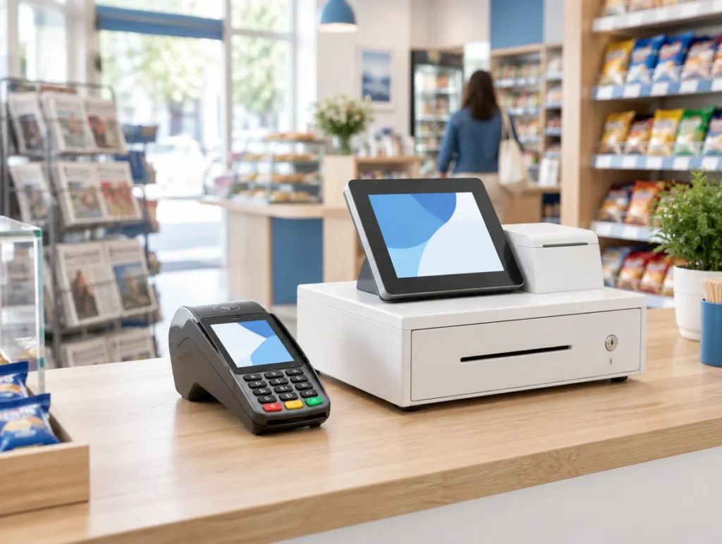 Kartenterminal neben einer kompakten Kasse auf der Theke eines Kiosks