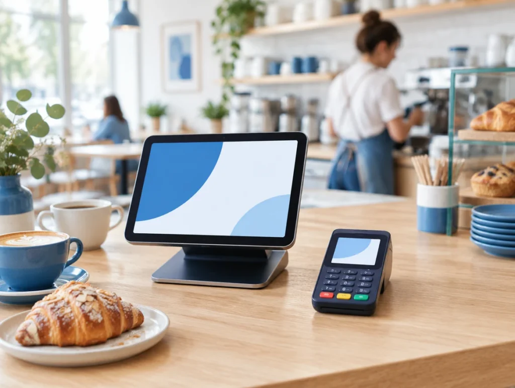 Kompakte Tablet-Kasse mit Kartenterminal auf der Theke eines Cafés