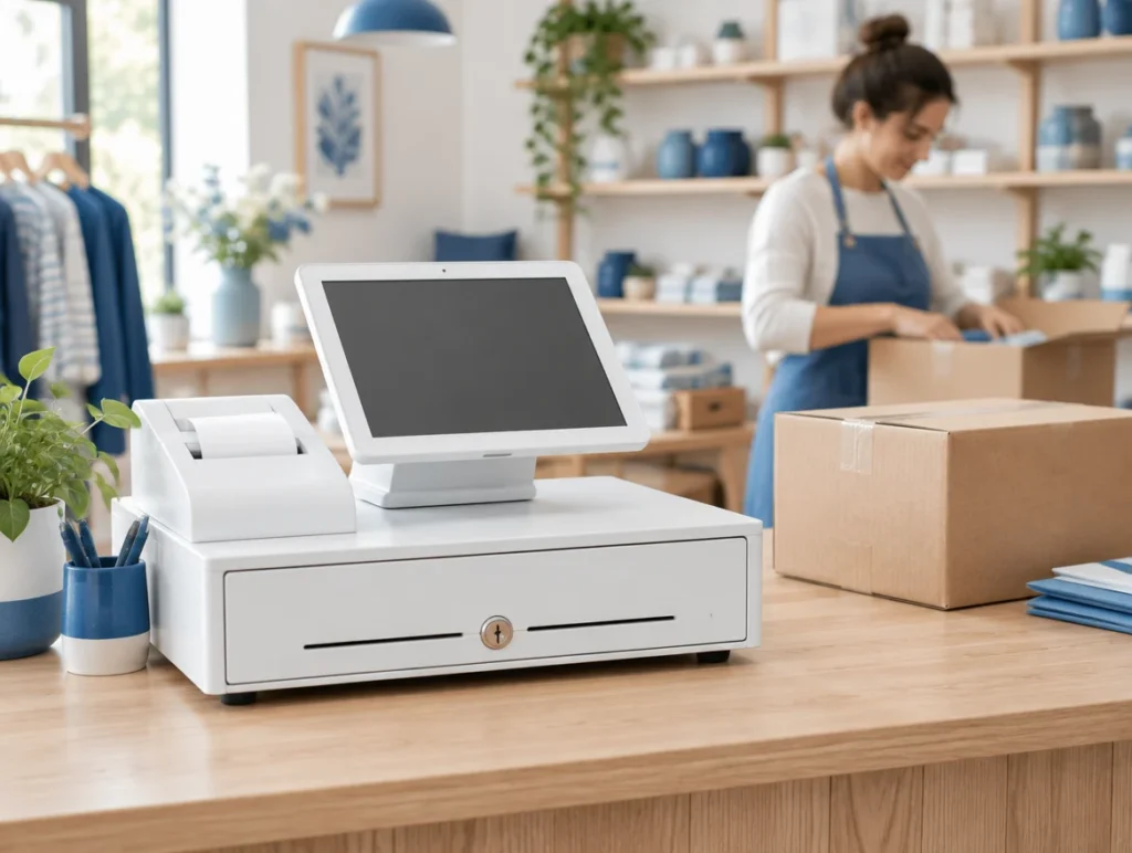 Elektronische Registrierkasse mit Bondrucker und Kassenlade auf einer Ladentheke