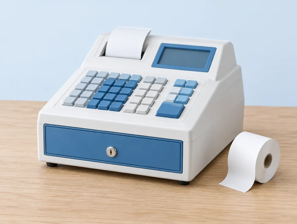 Klassische elektronische Registrierkasse mit Tastenfeld, kleinem Display und Kassenlade