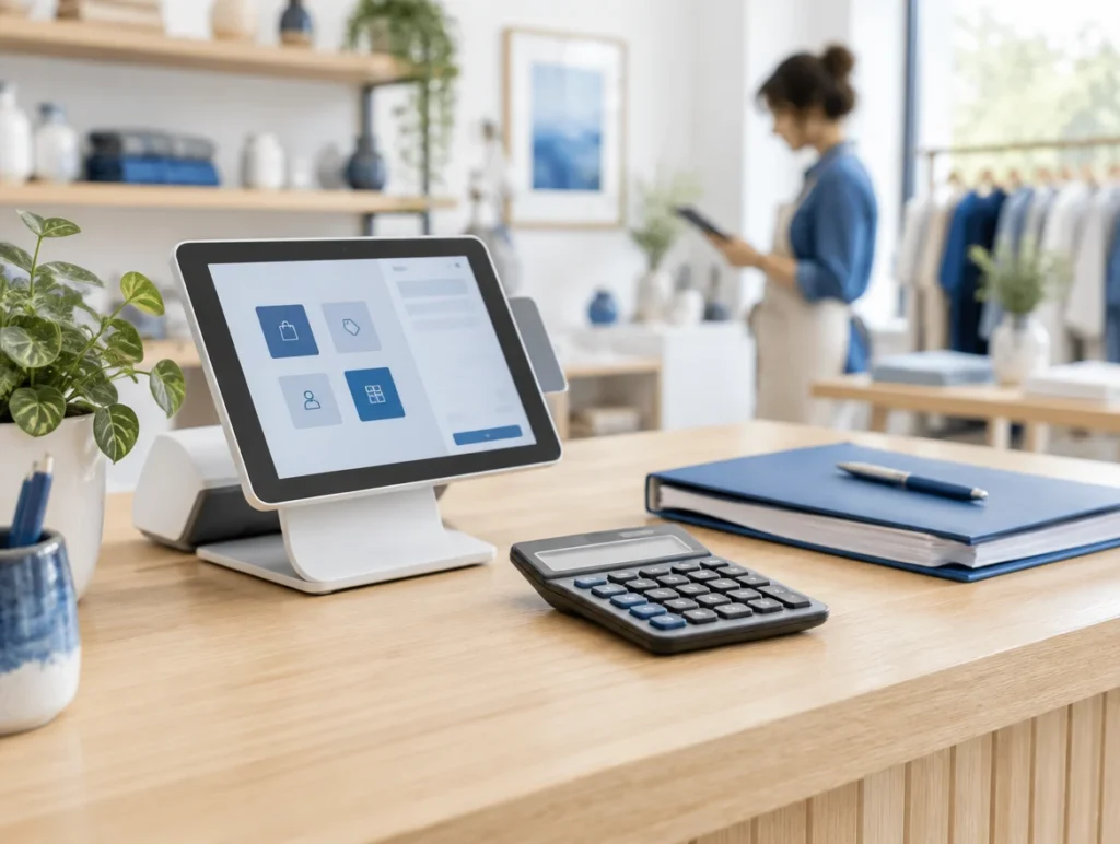 Tablet-Kasse mit Taschenrechner und Ordner auf einer Holztheke zur Berechnung der Rentabilität