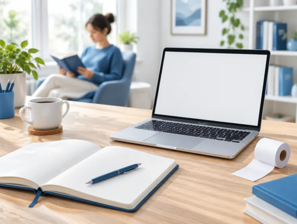 Schreibtisch mit Notizbuch, Laptop und Kassenbon