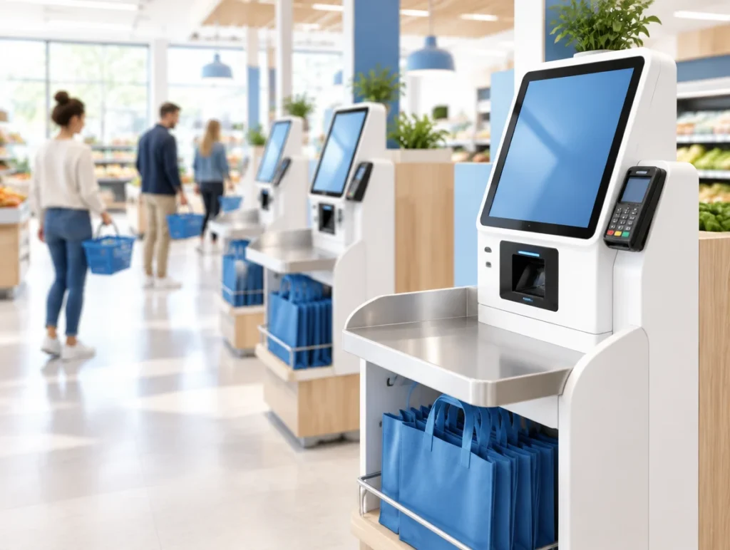 Reihe von Self-Checkout-Kassen in einem hellen Supermarkt mit Kundschaft im Hintergrund
