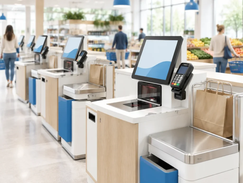 Reihe von Self-Checkout-Kassen mit Scanner und Kartenleser in einem hellen Supermarkt