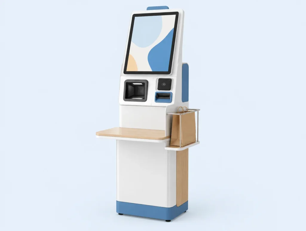 Freistehendes Self-Checkout-Terminal mit Touchscreen und Ablage auf hellblauem Grund