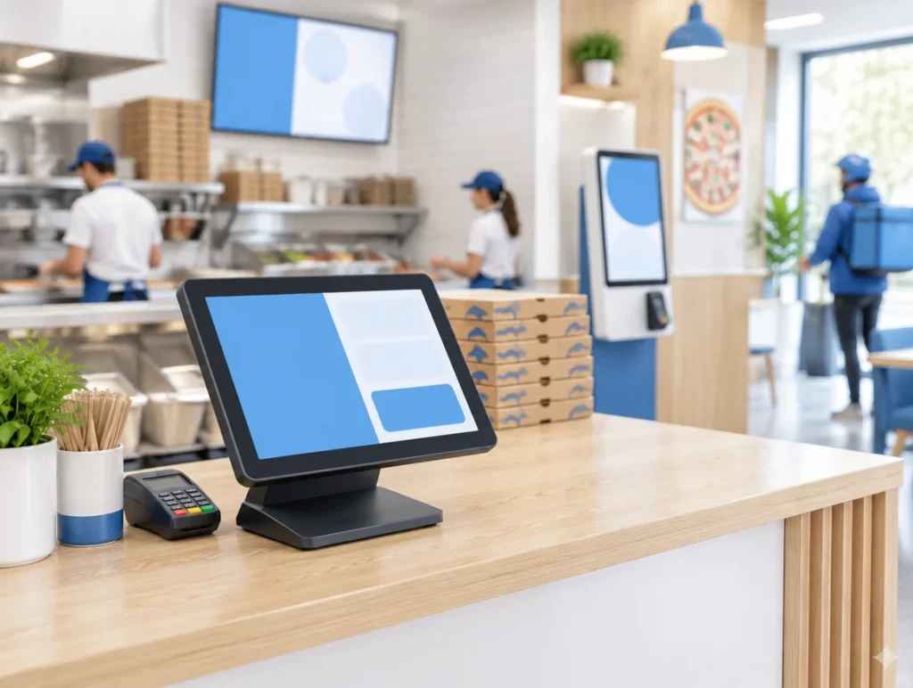 Touchkasse an der Theke einer Pizzeria mit Lieferdienst, Küchenmonitor im Hintergrund