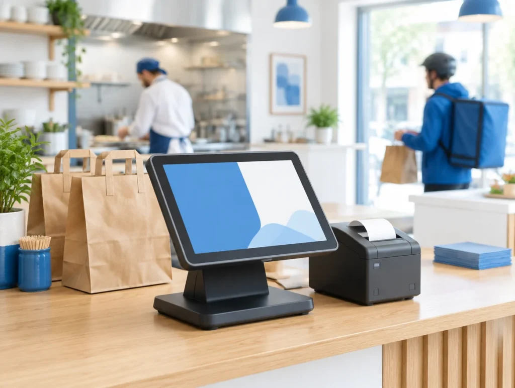 Touchkasse mit Bondrucker an der Theke eines Imbisses mit Lieferdienst