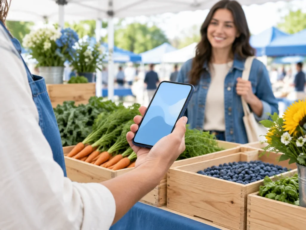 Händlerin kassiert am Marktstand mit dem Smartphone, Kundin im Hintergrund
