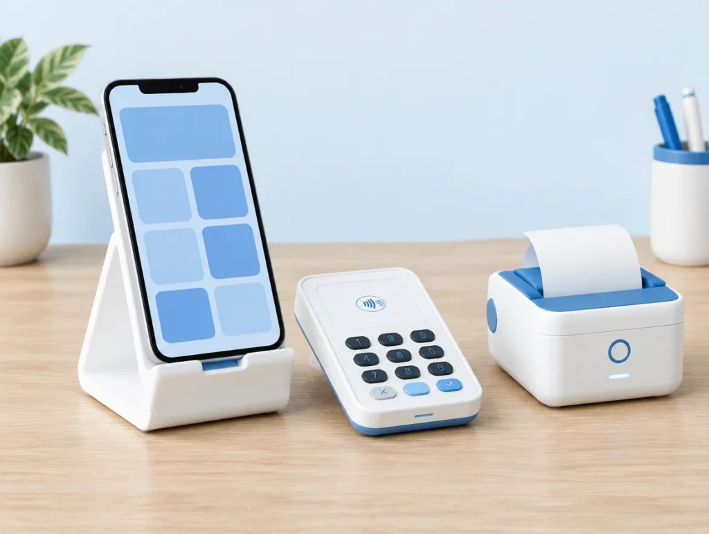 Smartphone im Ständer als Kasse mit kleinem Kartenleser und mobilem Bondrucker