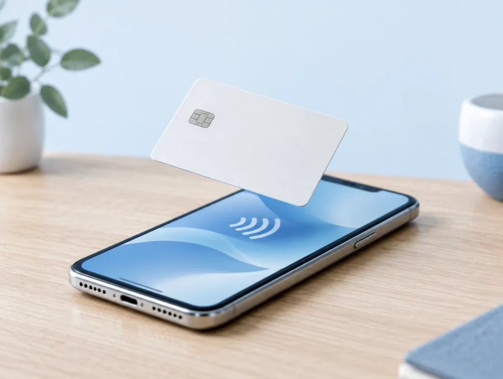 Smartphone mit Kontaktlos-Symbol und schwebender Bezahlkarte auf hellem Holztisch