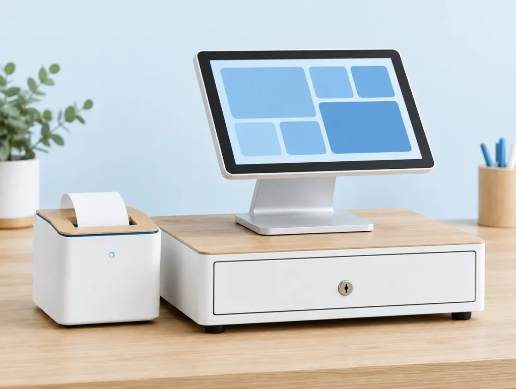 Stationäre Touchscreen-Kasse mit Bondrucker und Kassenlade auf hellem Holztisch