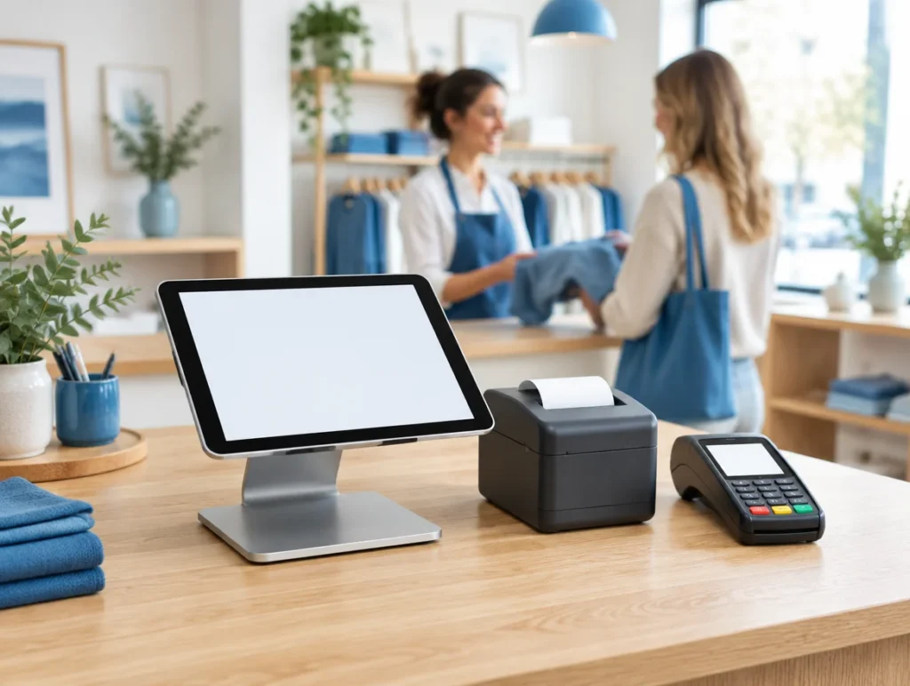 Tablet-Kasse, Bondrucker und Kartenterminal auf einer hellen Ladentheke