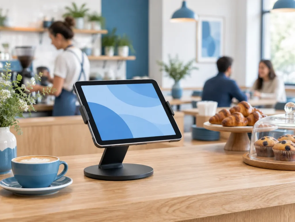 Tablet-Kasse auf der Theke eines Cafés mit Kaffee und Gebäck, Gäste im Hintergrund
