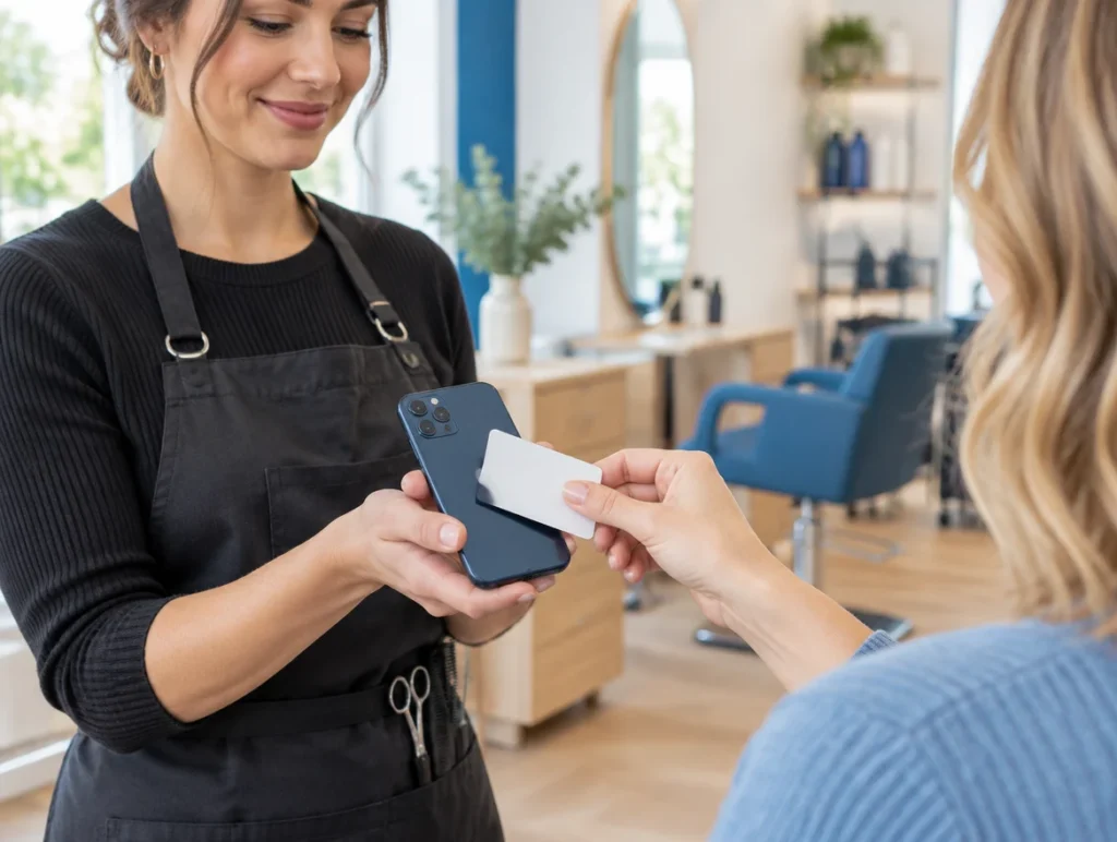 Friseurin nimmt mit dem Smartphone eine kontaktlose Kartenzahlung ihrer Kundin an