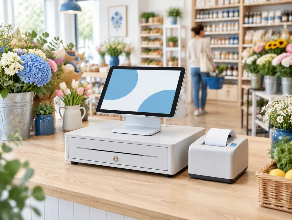 Tablet-Kasse mit Kassenlade und Bondrucker in einem kleinen Laden mit Blumen