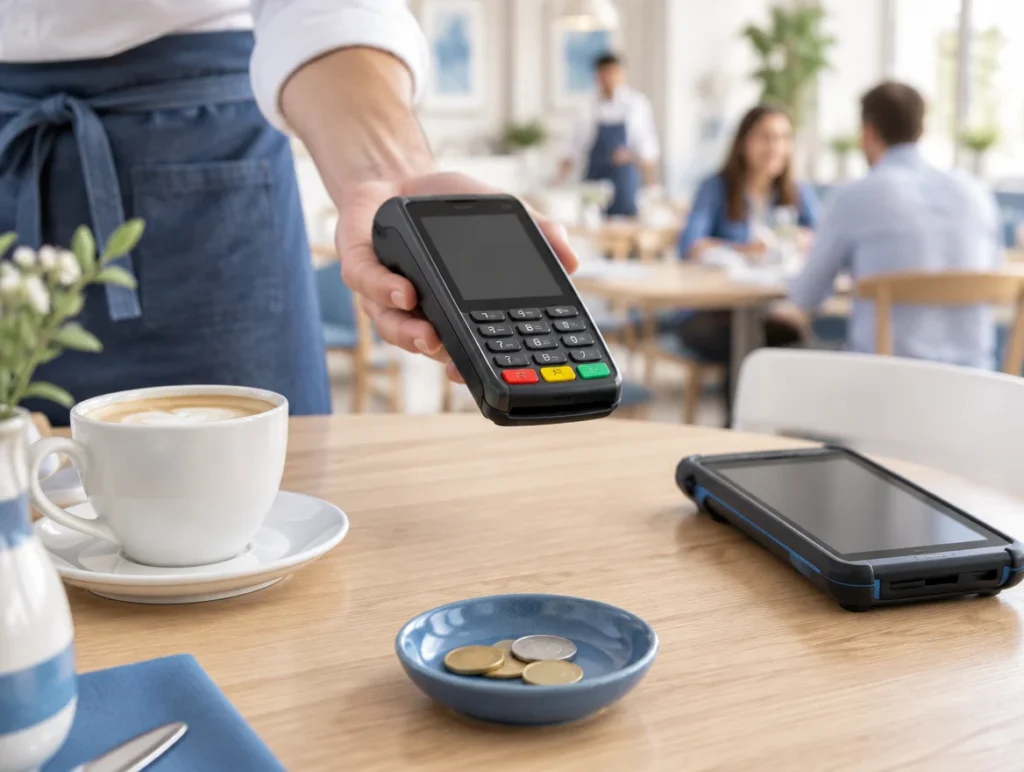 Mobiles Kartenterminal über einem Restauranttisch mit Kaffeetasse und Trinkgeld auf einer Untertasse