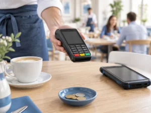Mobiles Kartenterminal über einem Restauranttisch mit Kaffeetasse und Trinkgeld auf einer Untertasse