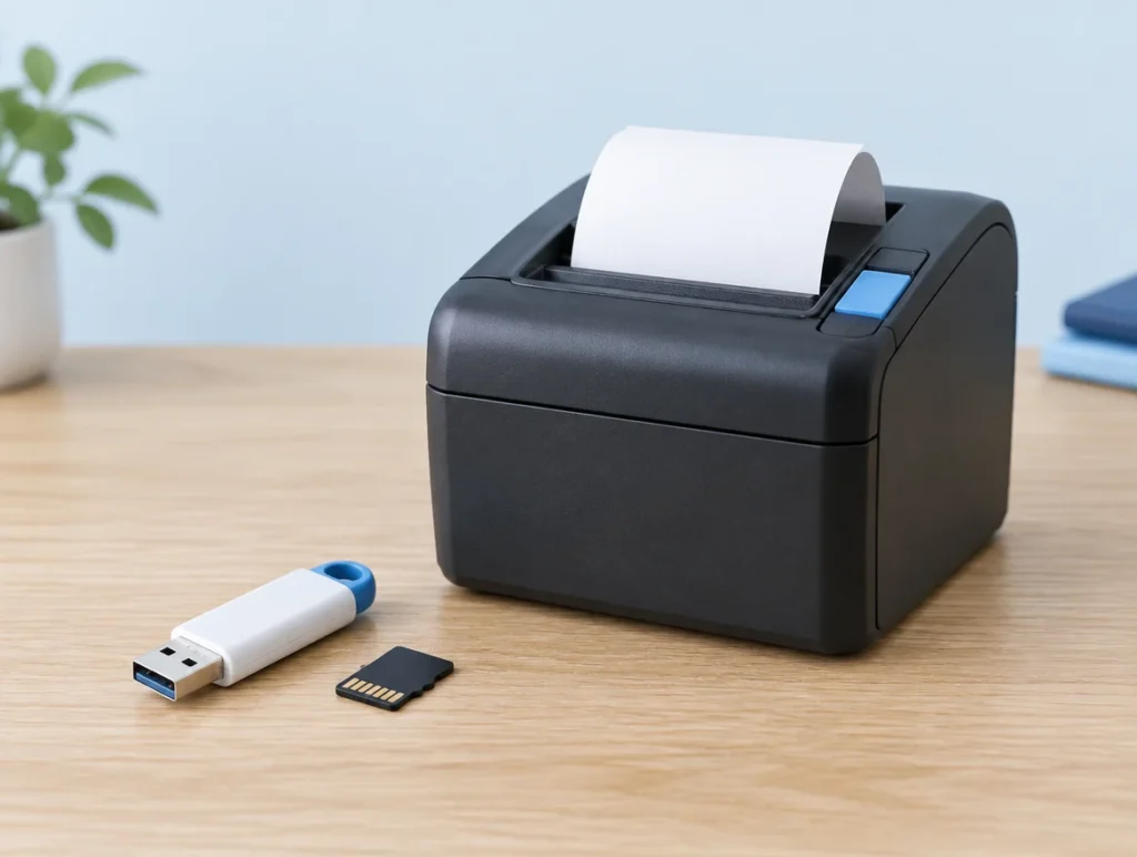 USB-Stick und microSD-Karte als technische Sicherheitseinrichtung neben einem Bondrucker