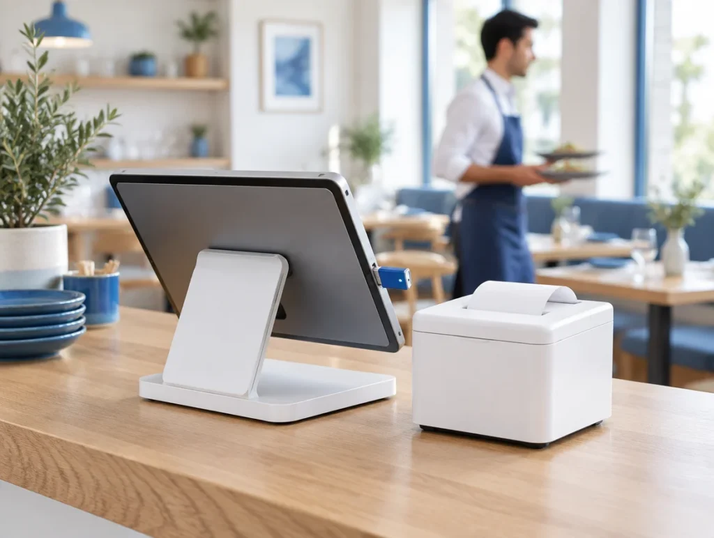 Tablet Kasse mit Bondrucker und TSE Modul an der Theke eines Restaurants