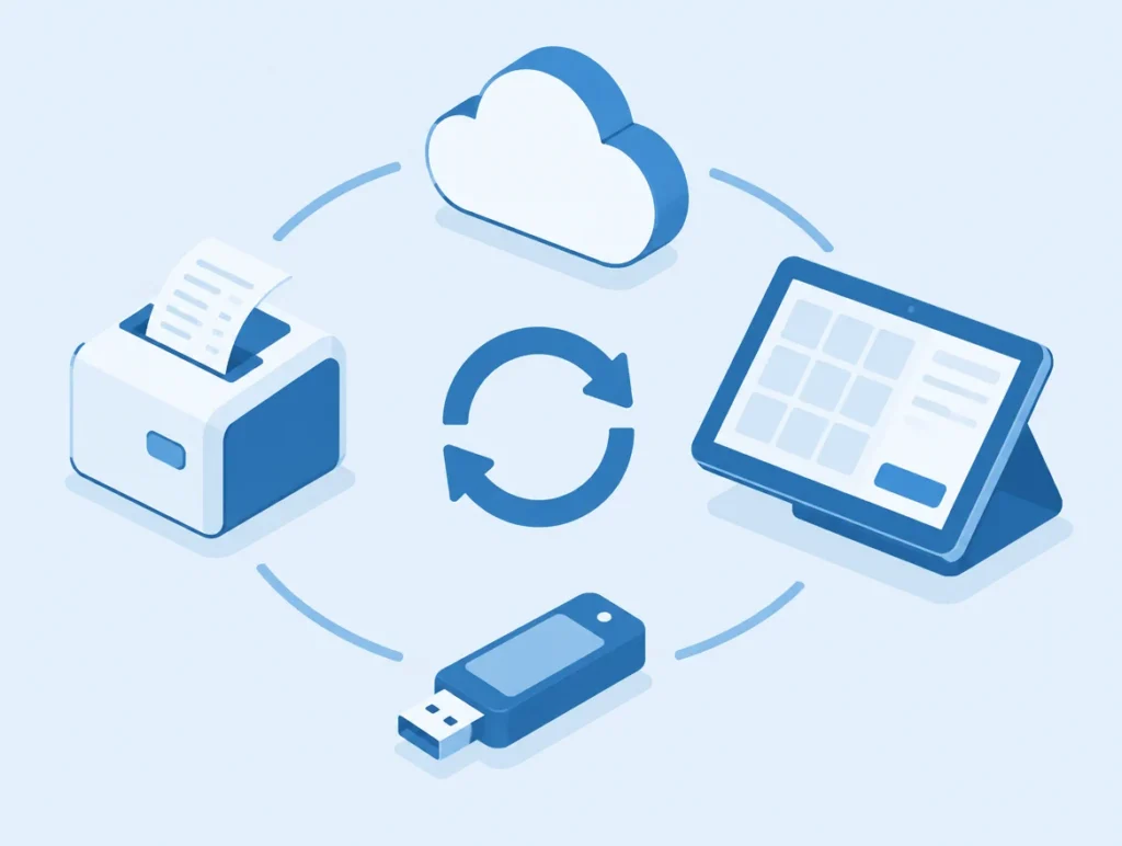Illustration der TSE Kostenarten mit USB Modul, Cloud, Bondrucker und Tablet Kasse
