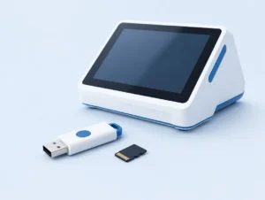 Sicherheitsmodul als USB-Stick und Speicherkarte vor einer Touchscreen-Kasse