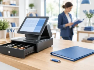 Ladentheke mit Kasse, geöffneter Kassenlade, Dokumentenmappe und USB-Stick