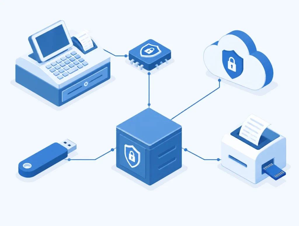 Illustration der TSE-Varianten mit Kasse, gesichertem Modul, USB-Stick, Speicherkarte im Drucker und Cloud