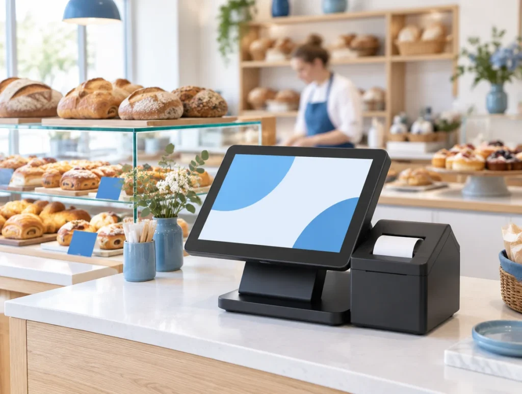 Stationäre Touchkasse auf der Theke einer Bäckerei