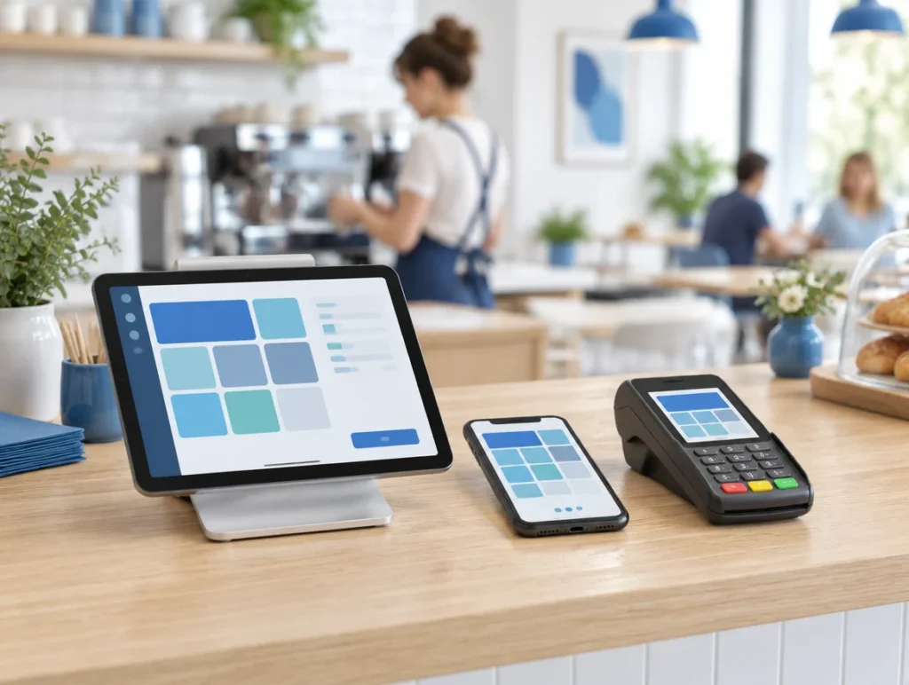 Tablet-Kasse, Smartphone und Kartenterminal nebeneinander auf einer Cafétheke