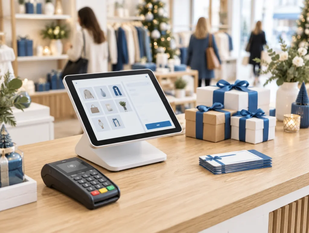 Tablet-Kasse auf einer Ladentheke mit Geschenkpaketen und Gutscheinen im Weihnachtsgeschäft