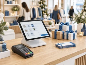 Tablet-Kasse auf einer Ladentheke mit Geschenkpaketen und Gutscheinen im Weihnachtsgeschäft