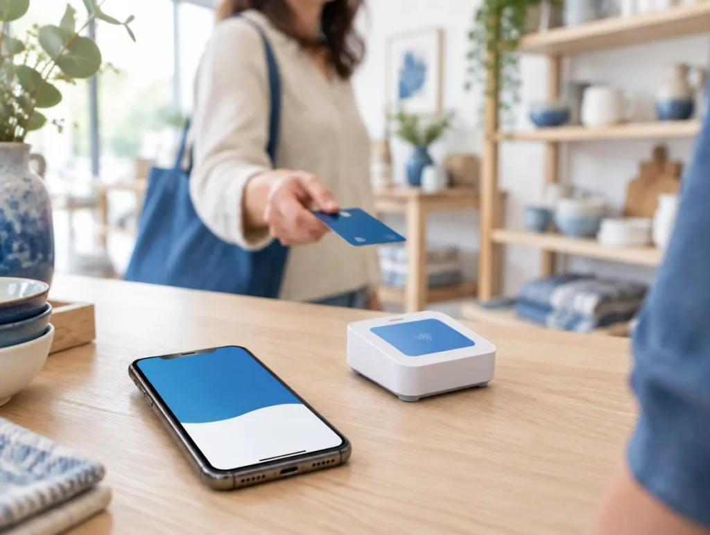 Smartphone und kompakter Kartenleser auf der Verkaufstheke eines kleinen Ladens